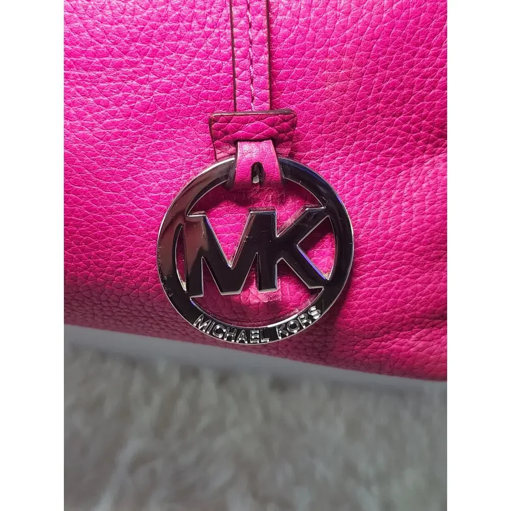 Michael Kors Tote Bag Fuchsia Leather Silver Shoulder Minimalist MK Charm